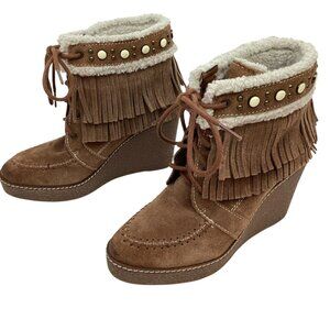 Sam Edelman Kemper Fringe Wedge Suede Booties Womens 8 Brown Faux Sherpa Lining